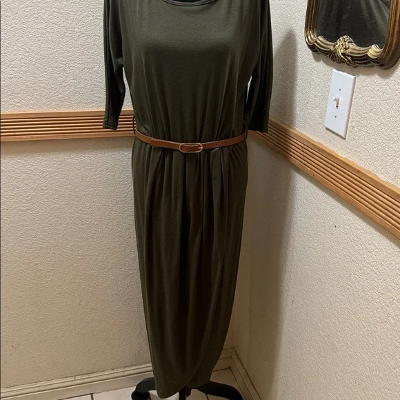 Qearal Elegant Olive Green Midi Dress Size L - Picture 2 of 10